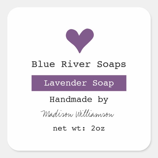 Sticker Carré Soap Lavande Fabriqué à la main Coeur pourpre (Devant)