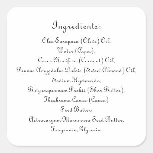 Sticker Carré Soap Skincare Ingredient Liste des produits Élégan