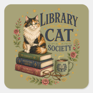 Sticker Carré Société de chats de bibliothèque Calicot livresque