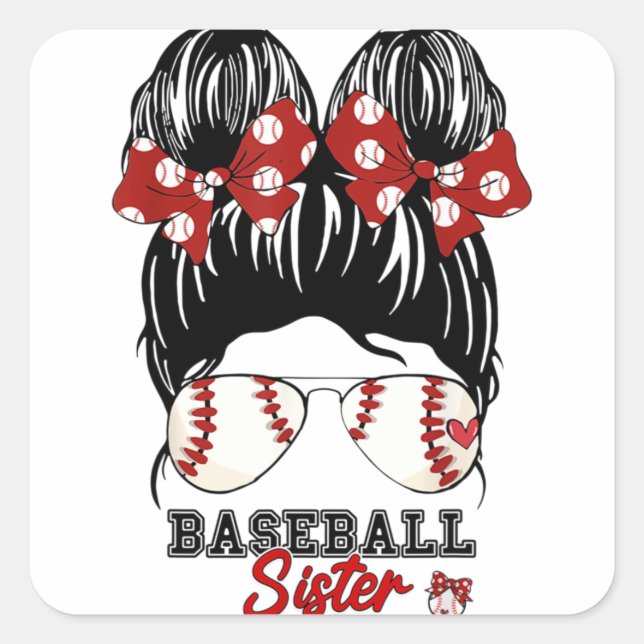 Sticker Carré Soeur De Baseball, Fier Soeur, Messy Bun Baseball (Devant)