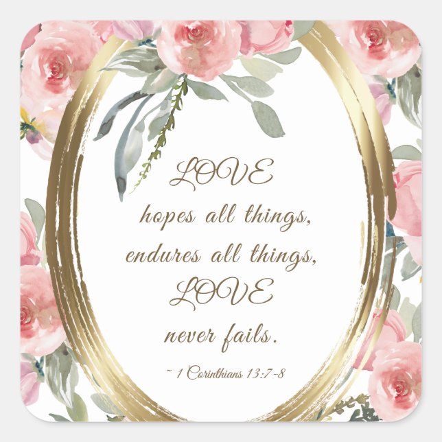 Sticker Carré Soft Blush Floral Cadre Or Bible Verse Mariage (Devant)