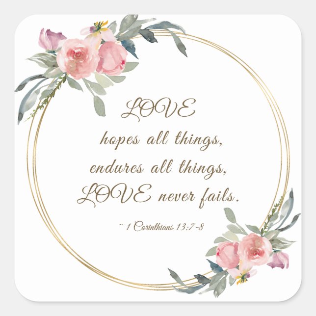 Sticker Carré Soft Blush Floral Cadre Or Bible Verse Mariage (Devant)