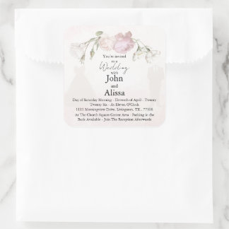 Sticker Carré Soft Pink Roses & Bride and Groom Collection