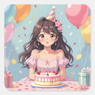 Sticker Carré Soirée d'anniversaire de la mignonne Anime