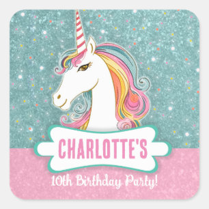 Sticker Carré Soirée d'anniversaire rose et bleu licorne
