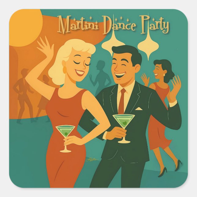 Sticker Carré Soirée Dansante Martini du Milieu du Siècle (Devant)