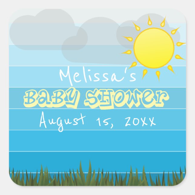 Sticker Carré Soleil nuages et herbe sur Baby shower Blue Stripe (Devant)