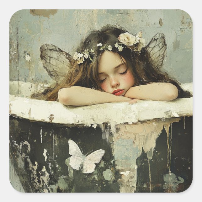 Sticker Carré Sommeil de fée magnifique dans une baignoire vinta (Devant)
