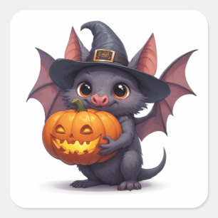Sticker Carré Sorcier Chauve-Souris Adorable Tenant une Citrouil