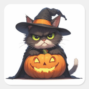 Sticker Carré Sorcière Chat Grincheux Et Citrouille Halloween 🦇