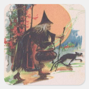 Sticker Carré Sorcière Chat Noir Pleine Lune