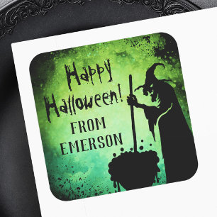 Sticker Carré Sorcière chaudron vert noir Joyeux Halloween Sq