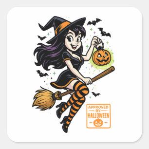 Sticker Carré Sorcière de dessin - Approuvé par Halloween
