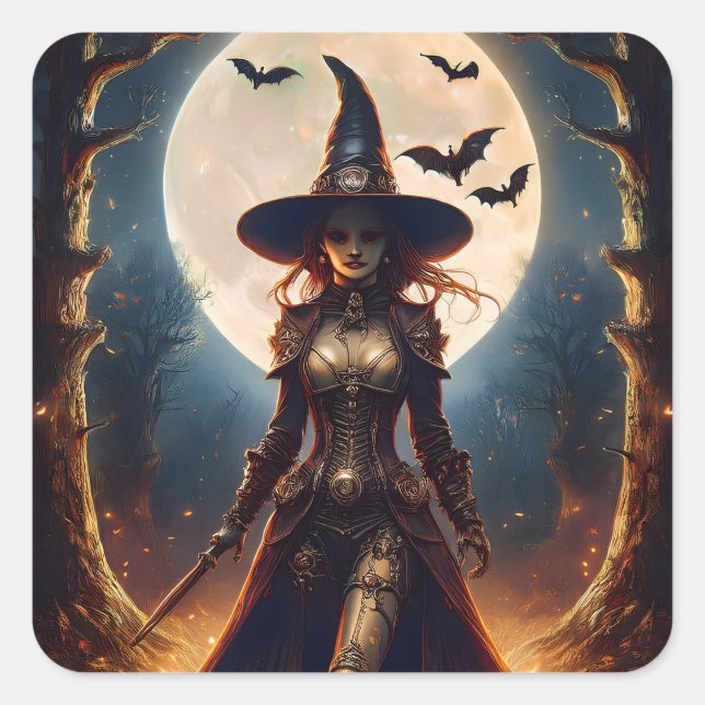 Sticker Carré Sorcière de la forêt Steampunk Halloween (Devant)