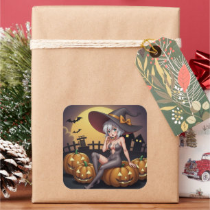 Sticker Carré Sorcière d'Halloween à l'œil vert sur citrouilles 