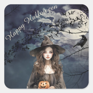 Sticker Carré Sorcière d'Halloween au clair de lune