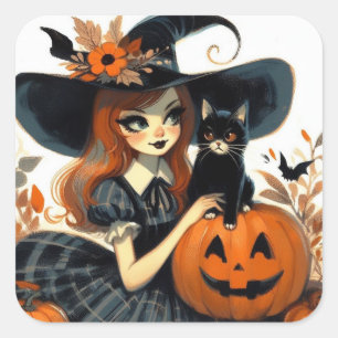 Sticker Carré Sorcière d'Halloween rétro et Chat noir Éffrayant