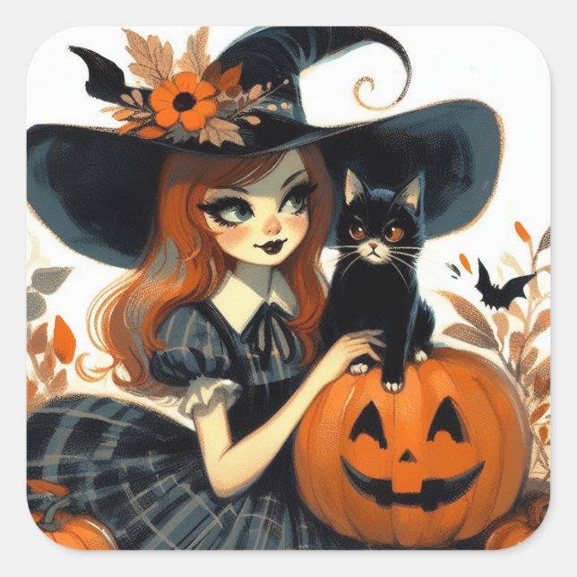 Sticker Carré Sorcière d'Halloween rétro et Chat noir Éffrayant (Devant)