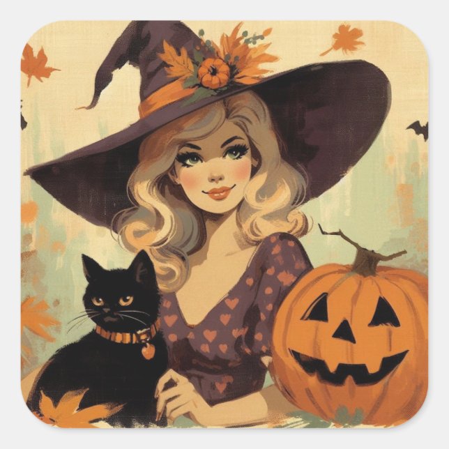 Sticker Carré Sorcière d'Halloween rétro et Chat noir Éffrayant (Devant)