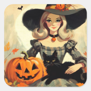 Sticker Carré Sorcière d'Halloween rétro et Chat noir Éffrayant