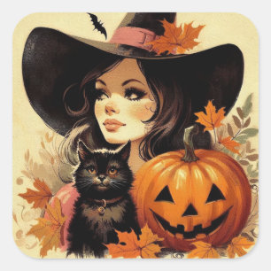 Sticker Carré Sorcière d'Halloween rétro et Chat noir Éffrayant