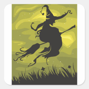 Sticker Carré Sorcière effrayante d'Halloween volant sur un bala