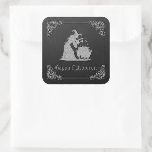 Sticker Carré Sorcière en argent et Halloween Cauldron