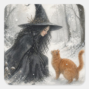 Sticker Carré Sorcière fantastique et chat roux dans la forêt hi