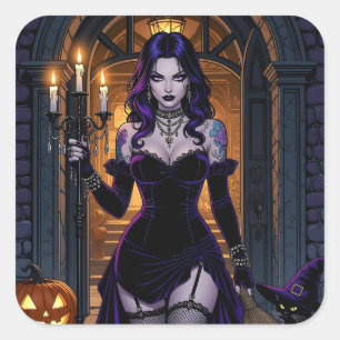 Sticker Carré Sorcière noire et violette avec Halloween Candelab