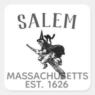 Sticker Carré sorcière Salem Massachusetts au balai avec chat