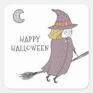 Sticker Carré Sorcière Sur Le Brouillard Volant Joyeux Halloween