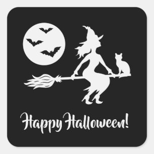 Sticker Carré Sorcière Sur Un Broom Noir Et Blanc Joyeux Hallowe