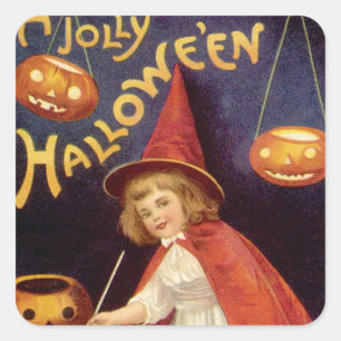Sticker Carré Sorcière vintage de joyeux Halloween par Ellen Cla