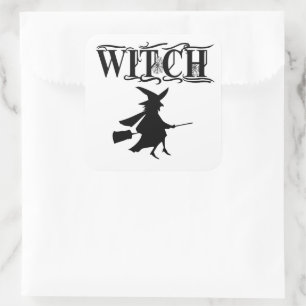 Sticker Carré Sorcière volante méchante noire Halloween