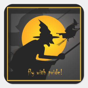 Sticker Carré Sorcière Volante Voler Avec Fierté Drôle Halloween