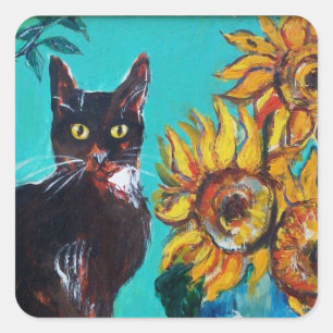 STICKER CARRÉ SOUCHES AVEC CHAT NOIR EN TURQUOISE BLEUE