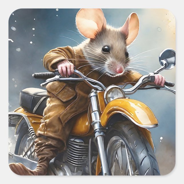 Sticker Carré Souris adorable chevaucher une moto (Devant)