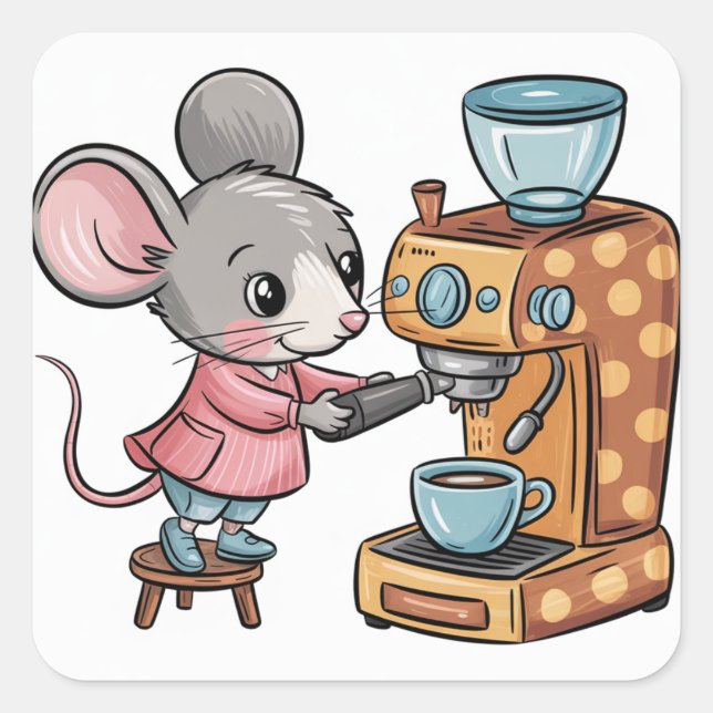 Sticker Carré Souris adorable faisant du café (Devant)