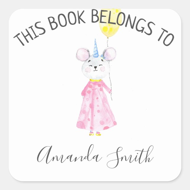 Sticker Carré Souris aquarelle - bibliothèque (Devant)