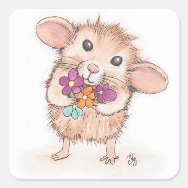 Sticker Carré Souris avec Bouquet de fleurs (Devant)