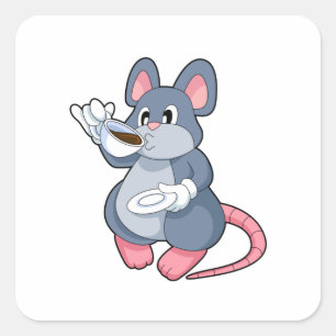 Sticker Carré Souris avec Café Cup