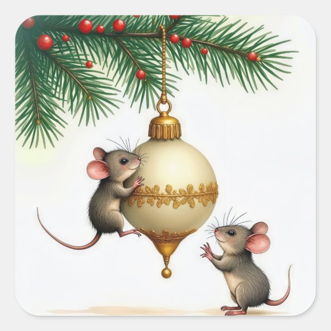 Sticker Carré Souris Avec Ornement De Noël Or (Devant)