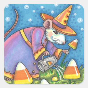 STICKER CARRÉ SOURIS BLANC DANS JARDIN DE CANDY CORN, COLORÉ & C