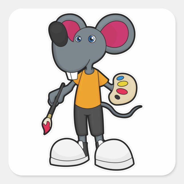 Sticker Carré Souris comme Peintre avec Peinture et Pinceau (Devant)