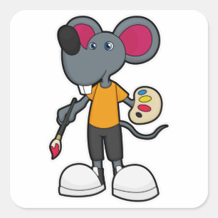 Sticker Carré Souris comme Peintre avec Peinture et Pinceau