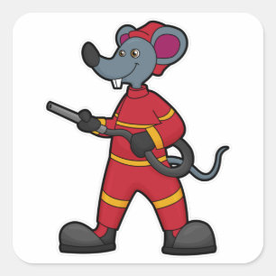 Sticker Carré Souris comme pompier avec tuyau