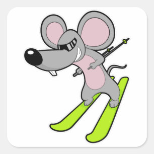 Sticker Carré Souris comme skieur avec ski