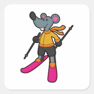 Sticker Carré Souris comme skieur avec ski