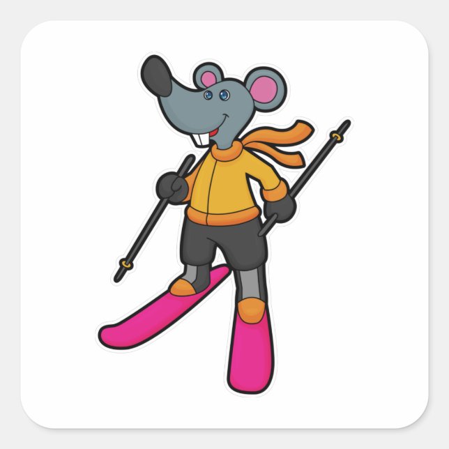 Sticker Carré Souris comme skieur avec ski (Devant)