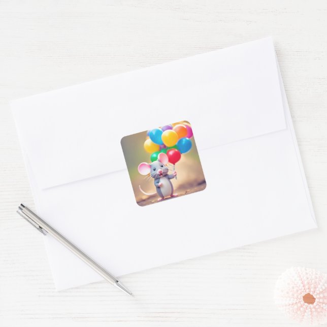 Sticker Carré Souris D'Anniversaire Avec Ballons (Enveloppe)